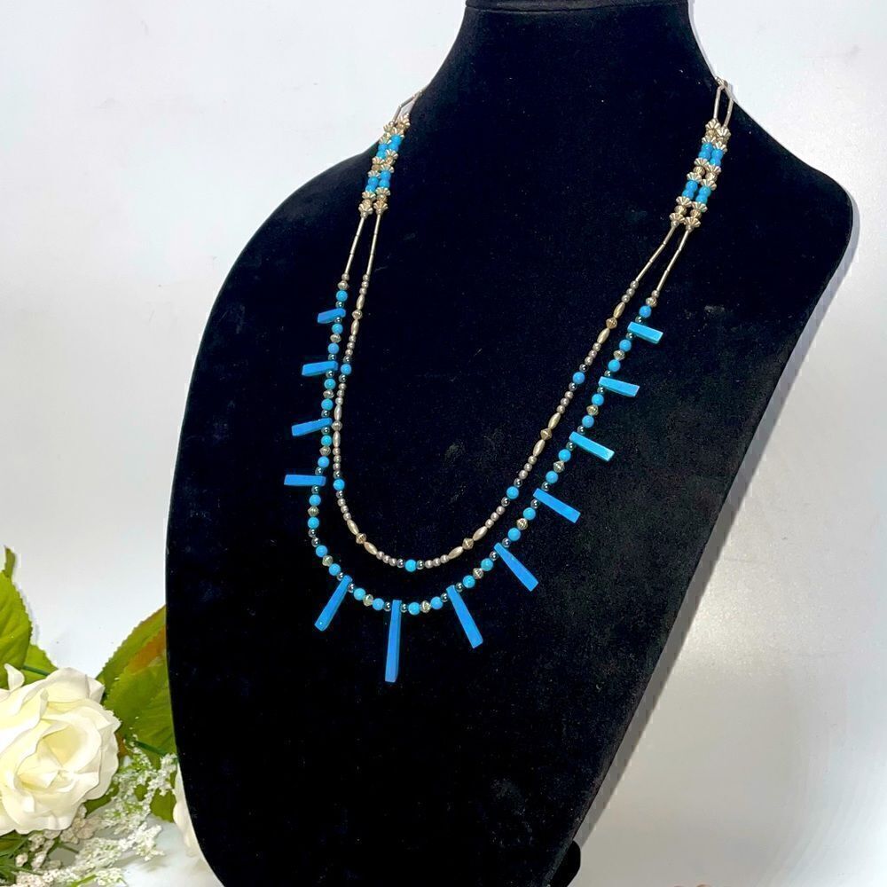 Silver & Turquoise Two Strand Necklace - Picture 2 of 4